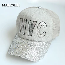 MAERSHEI Летняя женская кружевная бейсбольная кепка с блестками NYC с буквенным принтом Повседневная Бейсболка Регулируемая модная шапка для девочек