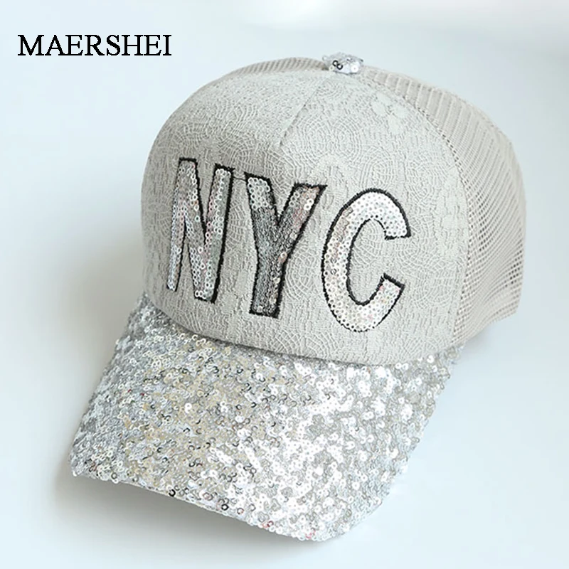 MAERSHEI Summer Women's Lace Sequined Baseball Cap NYC Letter Casual Snapback Adjustable Fashion Girl's Hat