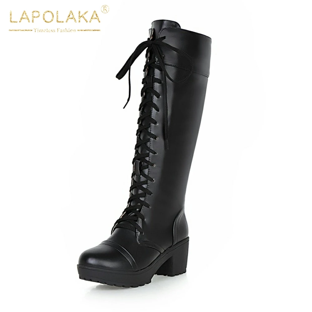 

LAPOLAKA 2018 Large Size 33-48 Lace Up Chunky Heels Platform Winter Boots Shoes Woman Short Boots Party Black White Booties
