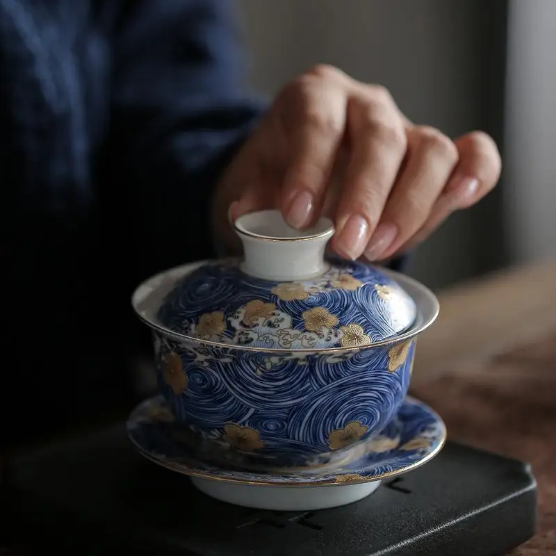  Hot Hand Painted Blue and White Porcelain Gaiwan Tea Cup Chinese Kung Fu Tea Set Teaware Tea Access