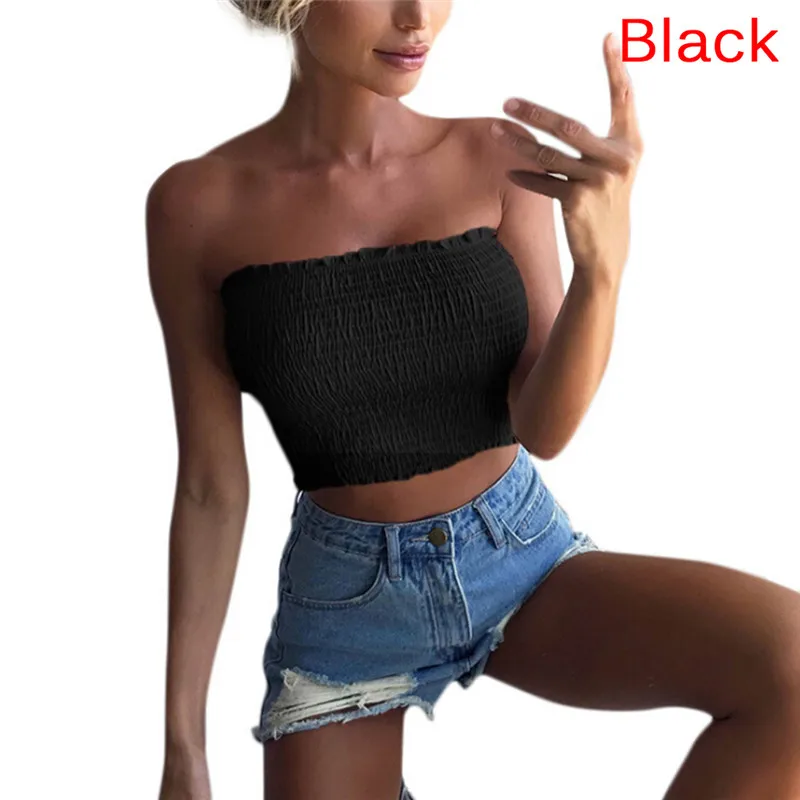 Women Sexy Strapless Ruched Elastic Bandeau Tube Top Black,white,red,yellow Summer Tube Tops Solid Breast Wrap Cropped Tops