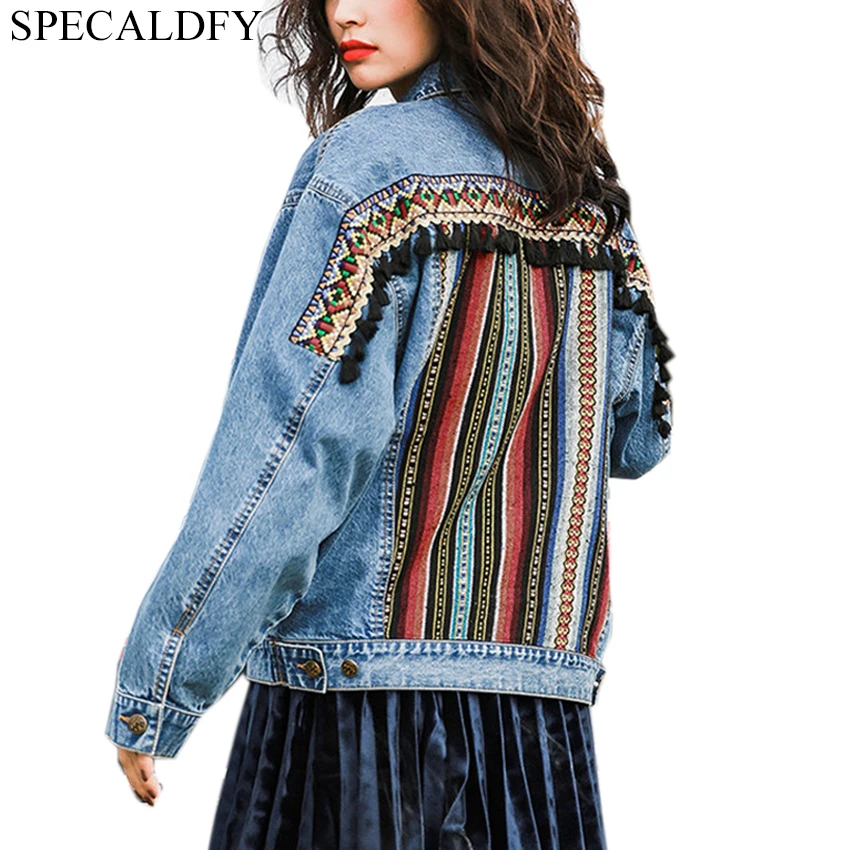 Ethnic Vintage Bohemian Embroidery Denim Jacket Women Basic Coats Ladies Plus Size Jeans Coat Outwear Jackets Chaqueta Mujer