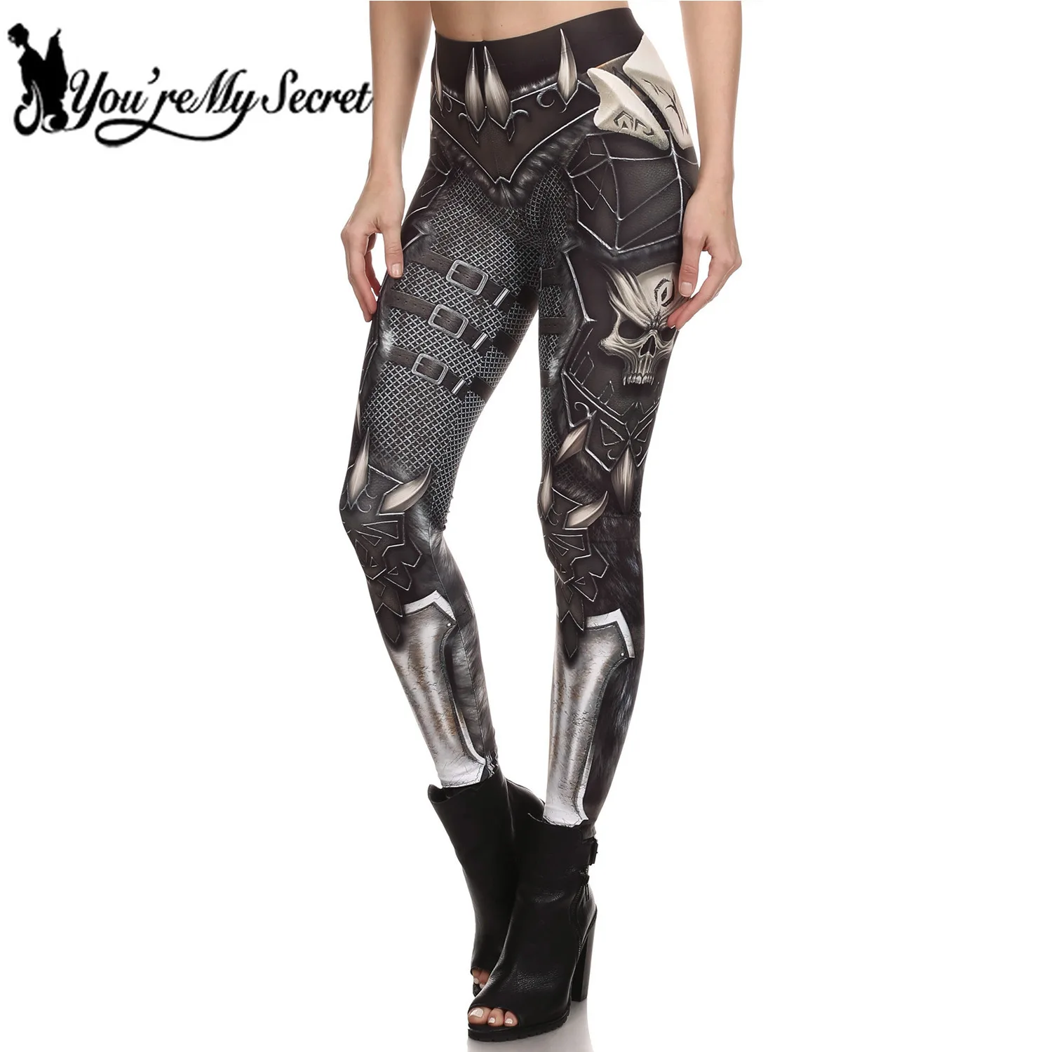 

[You're My Secret] Brand New Gothic SKull Punk Women's Leggings Pants Fantastic Armor Grey Print Ankle Workout Fitness Trousers