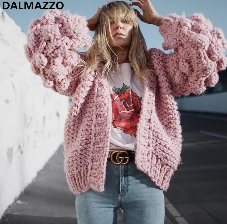 2018 Newest Winter Women's Runway Designer Knitted Cardigan Casual Outerwear Lantern Sleeve Open Stitch Warm Thick Sweater Coats |
