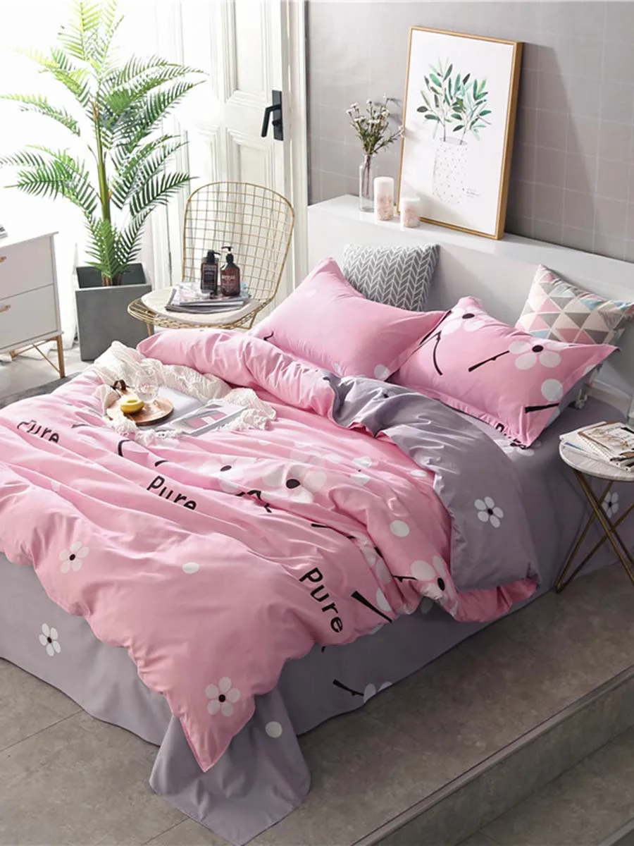 

4Pcs/3Pcs Bed Linen Set Letter Pattern Fresh Simple Style Comfortable Beddings