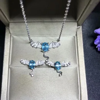 

Natural blue apatite earrings Necklace Natural Gemstone Jewelry Set 925 Silver Lovely Monster Exorcism Bat girl party jewelry