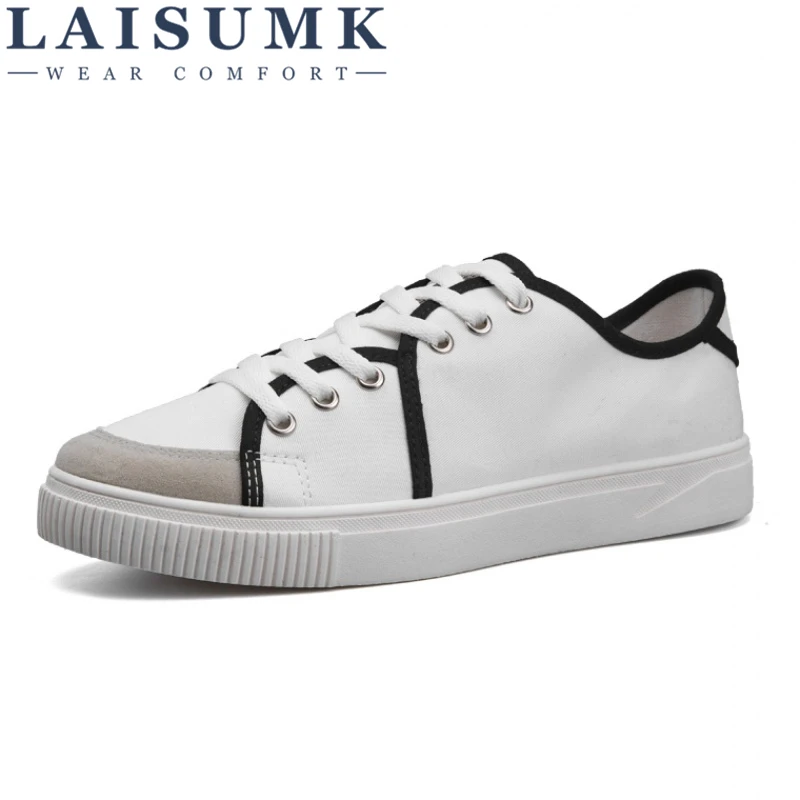 

LAISUMK Classic Men Canvas Shoes Sneakers Breathable Low Lace-up Casual Shoes Retro Style White Shoes Men Flat Leisure Shoes