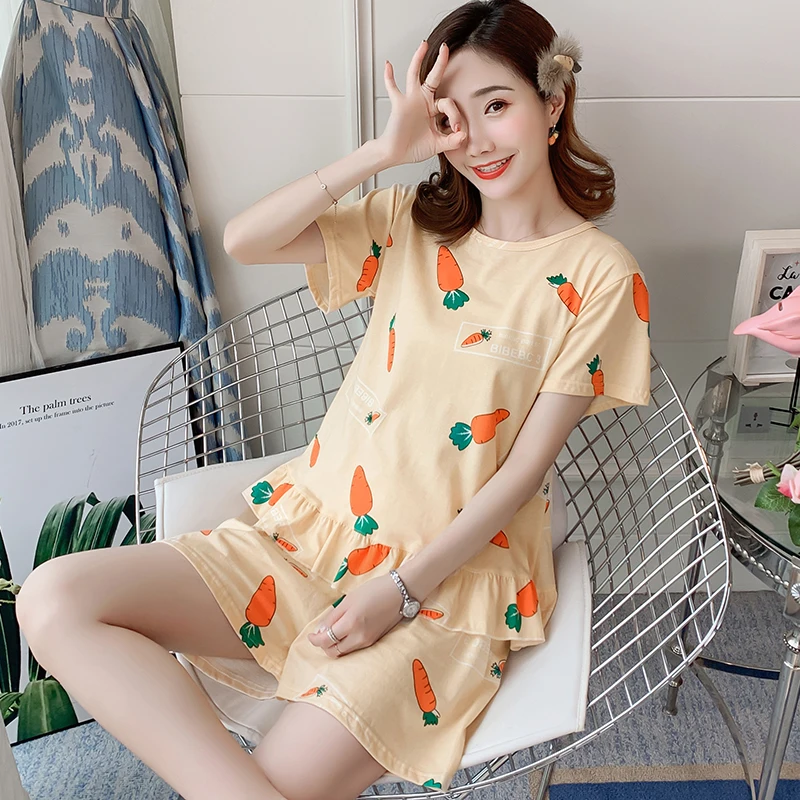 

summer Pajama Set short Sleeve Thin cotton carrot Printed Cute Loose Sleepwear Girl pijama Mujer Leisure Nightgown Women pajamas