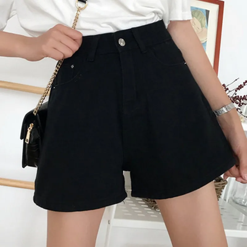 PLAMTEE Solid Wide Leg Denim Shorts For Women High Waist Loose Jeans