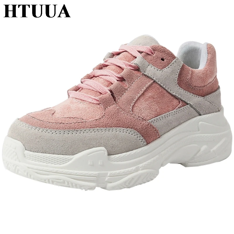 

HTUUA New Spring Sneakers Women High Heel Platform Shoes Creepers Plateforme Casual Shoes Grey Pink Lace Up Flats Shoes SX2241