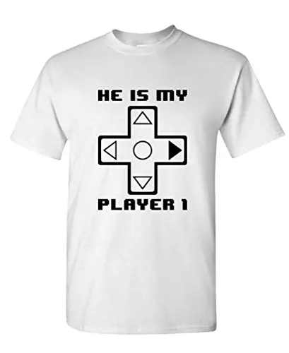 Cool T Shirts Online Short Sleeve Printed Crew Neck Mens He's My Player 1 Gamer Gaming Funny Joke Tee | Мужская одежда