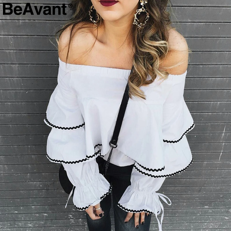 

BeAvant Off shoulder ruffle white blouse shirt Women elegant elastic long sleeve top shirt Summer spring sexy blouse blusas 2018