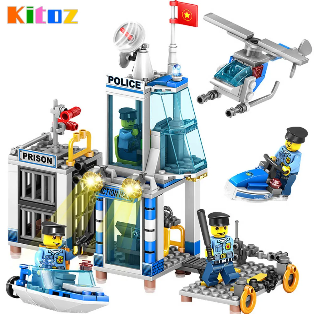 Kitoz город полицейский участок тюрьмы River Island строительный блок кирпич Вертолет Лодка DIY образовательная игрушка для мальчика Совместимость