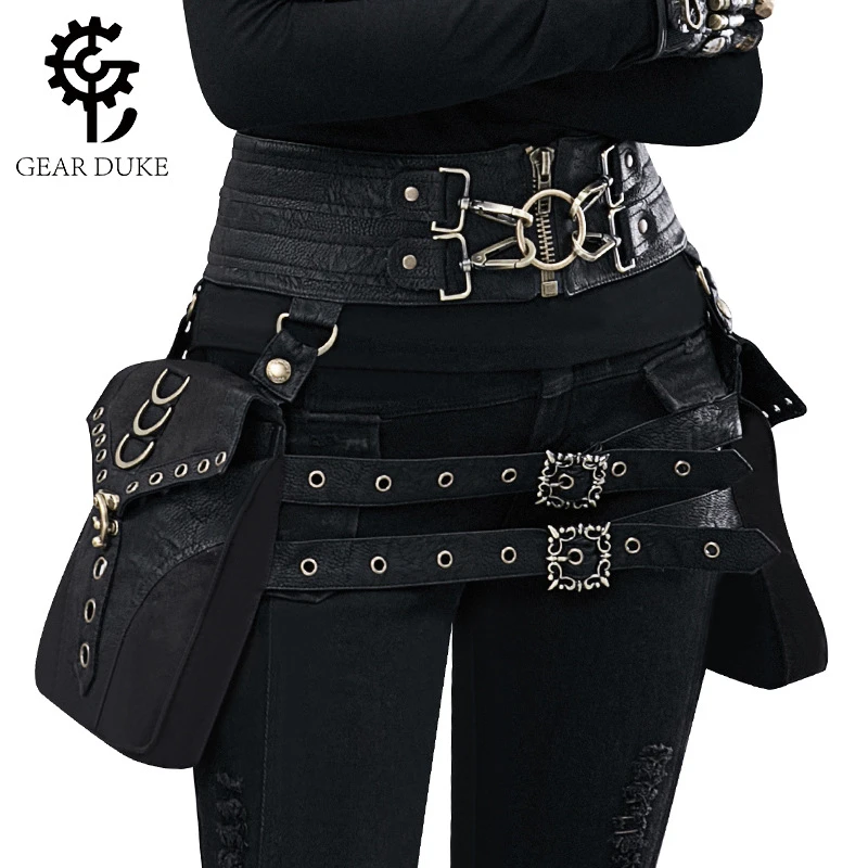 Fklee Ladys Rock Style Vintage Waist Leg Bag and Mask Set Steampunk School Girls Cosplay Costumes Phone Purse Handbag