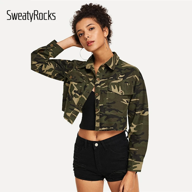 SweatyRocks كامو طباعة المحاصيل سترة الشارع الشهير واحدة الصدر معاطف وسترات المرأة بدوره إلى أسفل طوق الربيع الخريف عارضة قمم