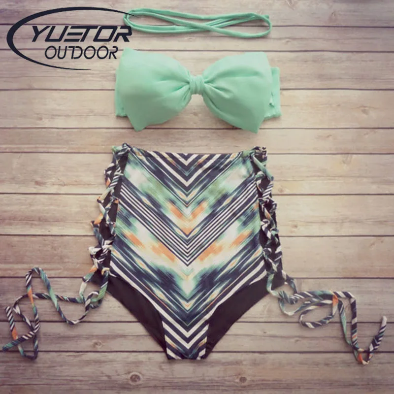 

Brand YUETOR Lacing Women Swimwear Sexy Monokini High Waist Biquinis Feminino 2017 Brasileiro Bowknot High Waist Bikini