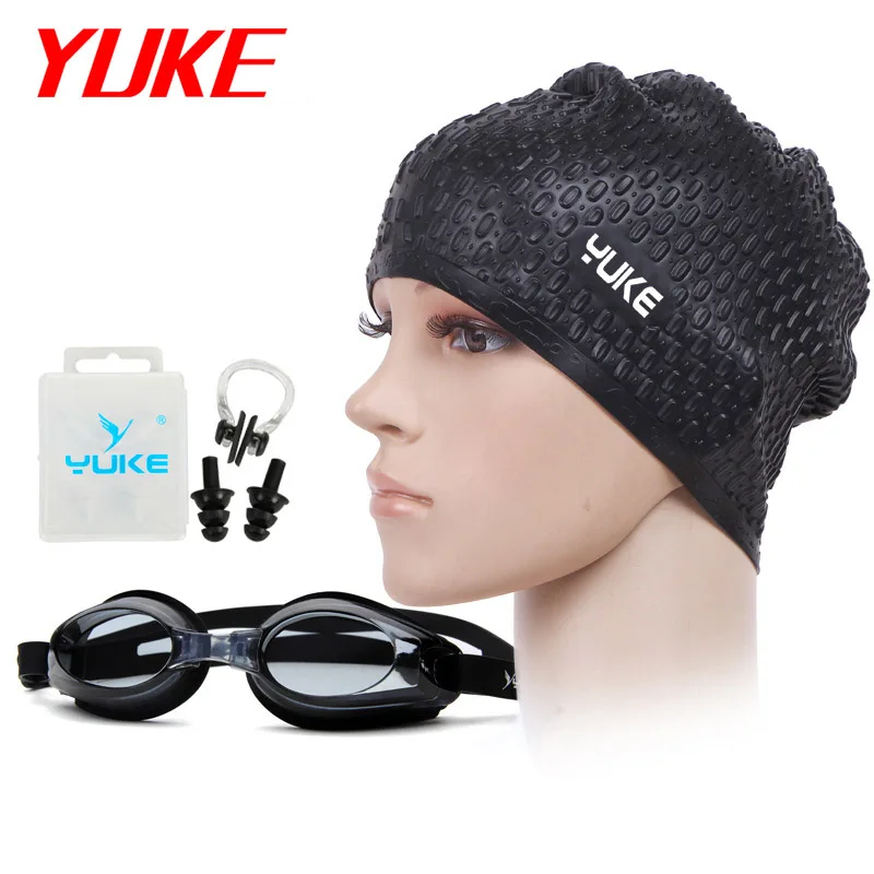 

YUKE 2018 Adult New Professional Goggles Swimming Eyewear Set Swim Glasses Hair Ear Protection Men Women Silicone Waterproof Cap