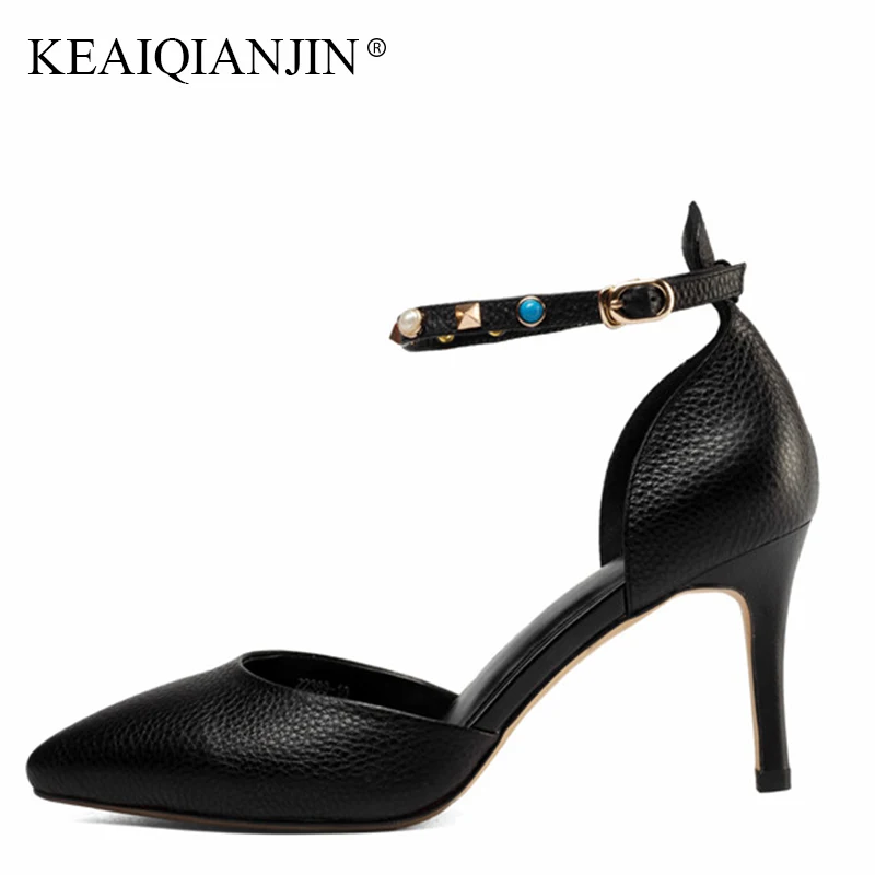 

KEAIQIANJIN Woman Summer High Heeled Sandals Fashion Genuine Leather Black Party Shoes Sexy Red Wedding Crystal Sandals 2018