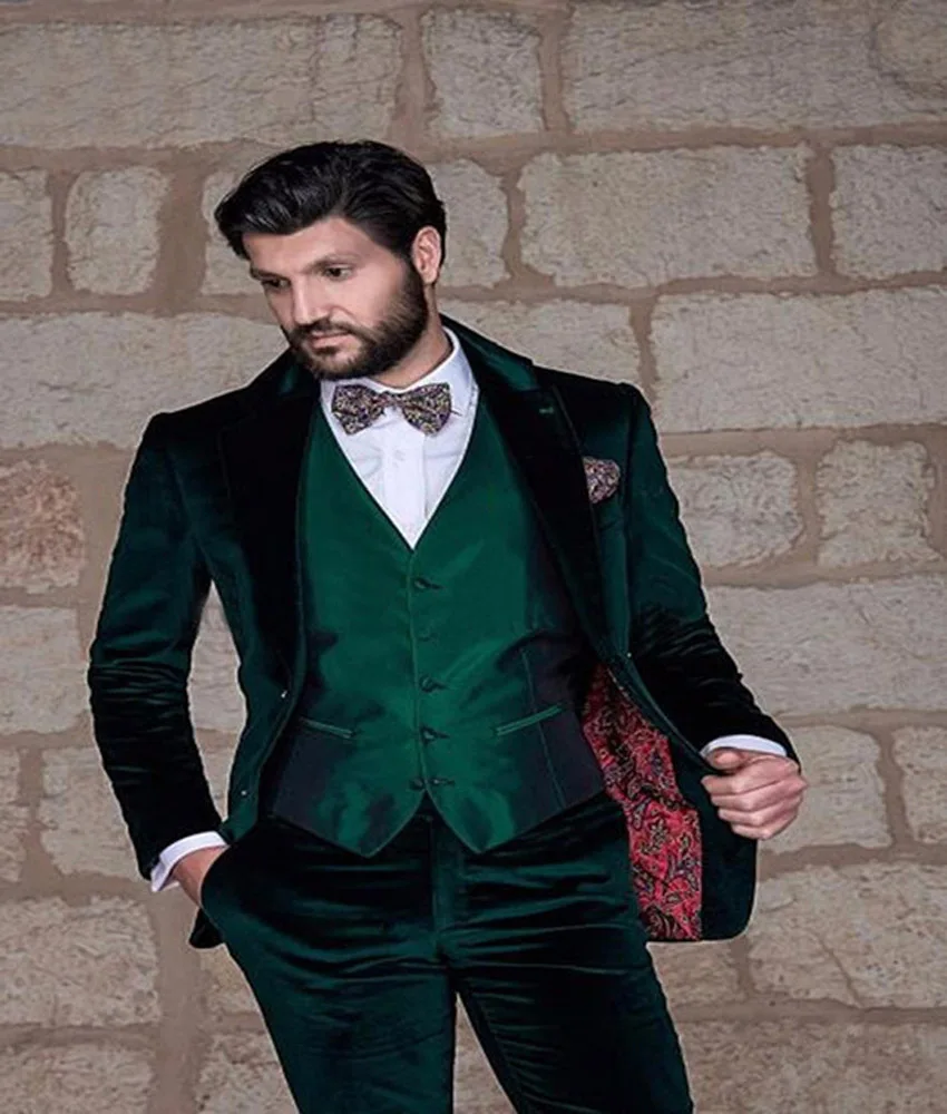 Dark Green Shawl Collar Velvet Men Suits 2019(Jacket+Pant+Vest) Bespoke Groom Tuxedos Latest