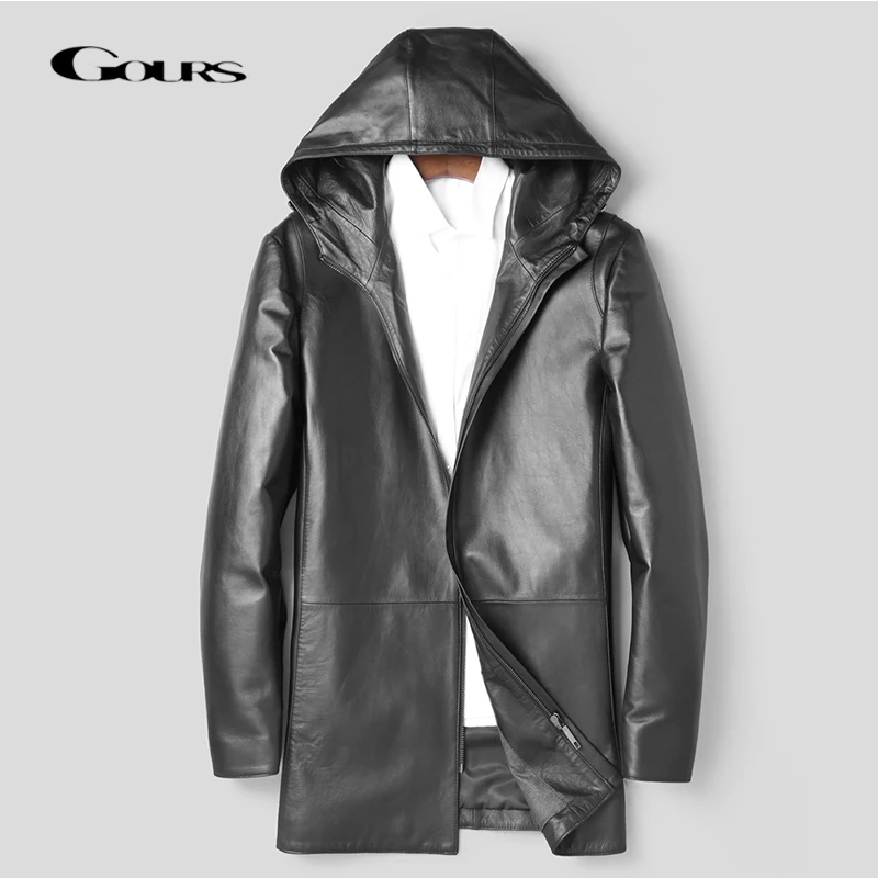 

Gours Genuine Leather Jackets for Men Fashion Black Sheepskin Long Hooded Coats Warm In Winter New Arrival Plus Size HSMP005