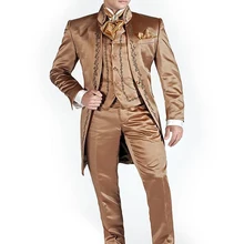 Коричневый Вышивка свадебный костюм для Для мужчин Для Мужчин's Костюмы Жених итальянский фрак Длинный блейзер индивидуальный заказ(куртка+ Штаны+ жилет