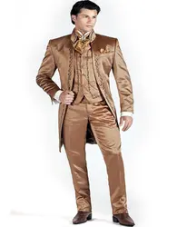 2017 коричневый Вышивка свадебный костюм для Для мужчин Для Мужчин's Костюмы Жених итальянский фрак Длинный блейзер индивидуальный заказ