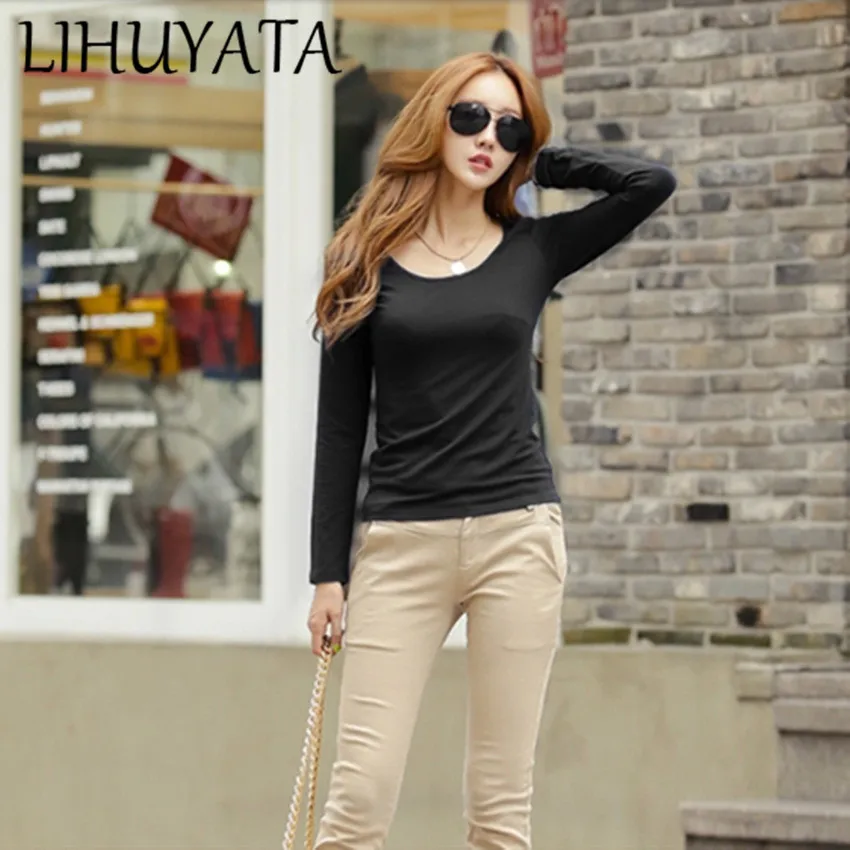 

LIHUYATA Hot Sale Slim Solid Color Basic T-shirt Women Casual O-Neck Long Sleeve Female Comfortable Pure silk T-shirt0805