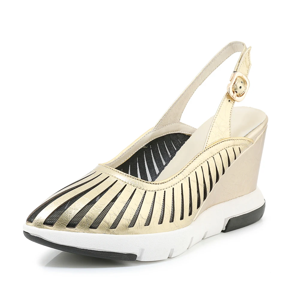 KarinLuna/; роскошные сандалии из натуральной кожи для отдыха; женская обувь; женские летние босоножки для отдыха на танкетке и высоком каблуке - Цвет: Золотой