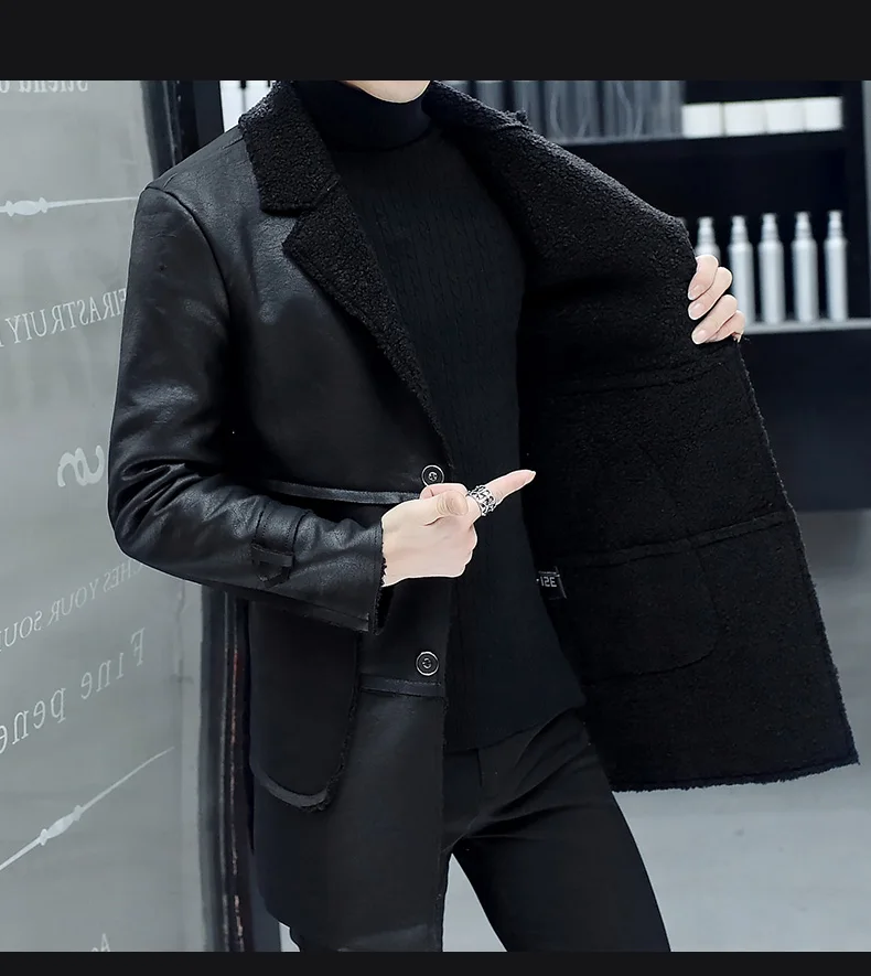 Мужское зимнее пальто до колена из искусственной кожи, толстое пальто из меха ягненка, приталенное пальто с меховым воротником, пальто размера плюс, одежда M-4XLNew, повседневная одежда