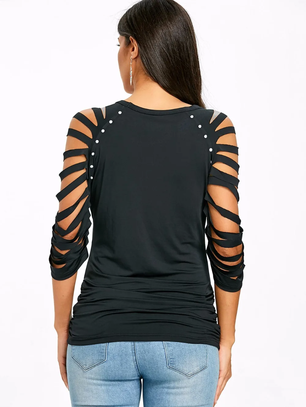 VESTLINDA T-Shirt Scoop Neck Ripped Raglan Sleeve T-Shirt Women Clothing Summer 2018 Causual Black Slim Fit T Shirts Tops Tees 2
