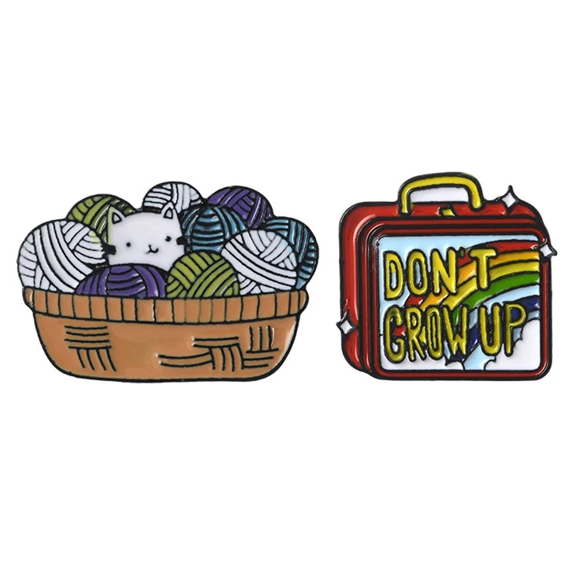 

Cute Wool Cat Brooch Yarn Basket Kitten Snuggling Fantasy Don't Grow Up Enamel Pin Clothes Hat Badge Brooches Lovers Gifts