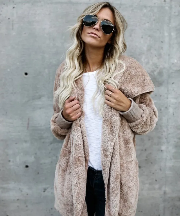 

New Autumn winter Faux Fur TeddyBear Coat Jacket Women Fashion Open Stitch Hooded Coat Female Long Sleeve Fuzzy Jacket