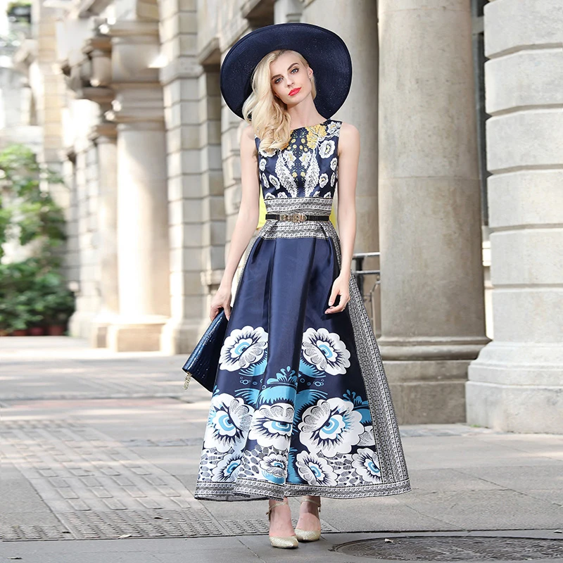 HIGH QUALITY Newest 2016 Designer Maxi Dress Women's Sleeveless Retro Floral Printed Plus size Long Dress S-4XL long-floral-maxi