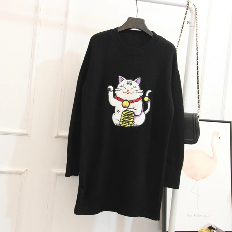 

Focal20 Cute Cartoon Maneki Neko Women Sweater Lucky Cat Loose Long Knitted Sweater Jersey Outerwear