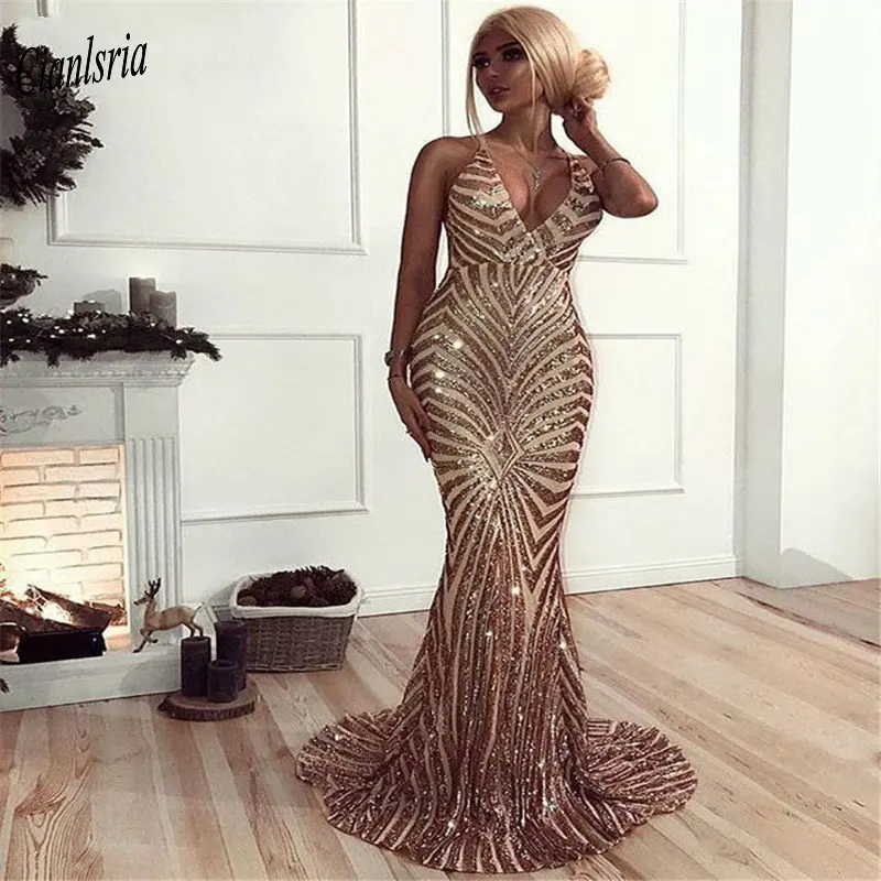 

Sexy Gold Sequined Backless Evening Dresses Mermaid 2019 Long Spaghetti Straps Cheap Formal Evening Party Dress