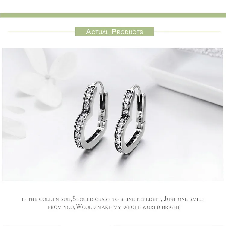 BAMOER классические подлинные 925 пробы серебряные серьги-кольца в форме сердца с прозрачными фианитами для женщин ювелирные изделия из стерлингового серебра SCE290