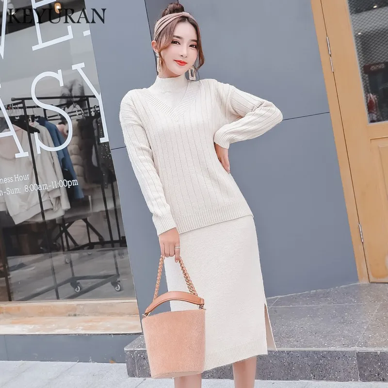 

2019 Two Piece Set Winter Sweater Suit for Women Sets V-Neck Pullover Wool Sweater + Turtleneck Elastic Knit Dress Suit Female