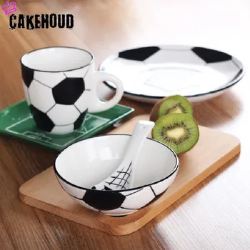 

CAKEHOUD New Children's Ceramic Tableware Ball Sports Series Dishes Basketball Snack Dish Rice Bowl Cup Spoon Five-piece Suit