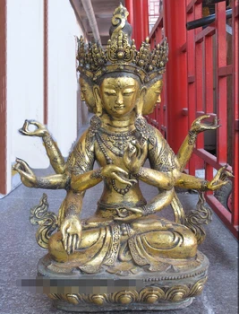 

32"Tibet Bronze Gold 4 Head 8 Arm Mahabrahman Brahma buddha Brahm Deva Kwan yin