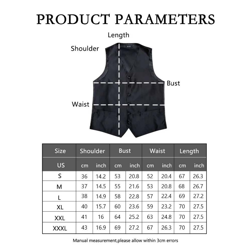 Hi-Tie New Designer Solid Vests of Men Silk Men Vests Suit Party Business Vests with Handkerchiefs Cufflinks Vests Tie MJTZ-0005