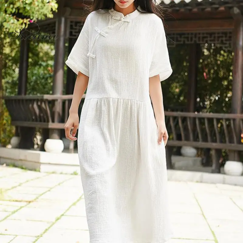 

Suvance 2019 Spring Summer Vintage 3 Solid Color Half Sleeve One Size Linen Women Long Dress Jl-bxf2378