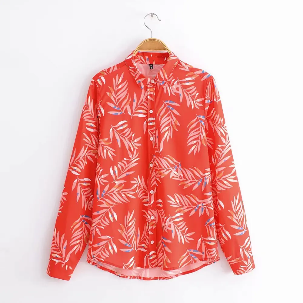 

2018 women vintage leaves printing single breasted blouse casual shirt women autumn business femininas blusas chic tops LS2695