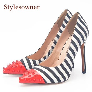 

Stylesowner Zebra Stripe High Heel Shoes Thin Heel Stiletto Sexy Lady Red Rivets Toe Zapatos High Quality Sheepskin Leather Shoe
