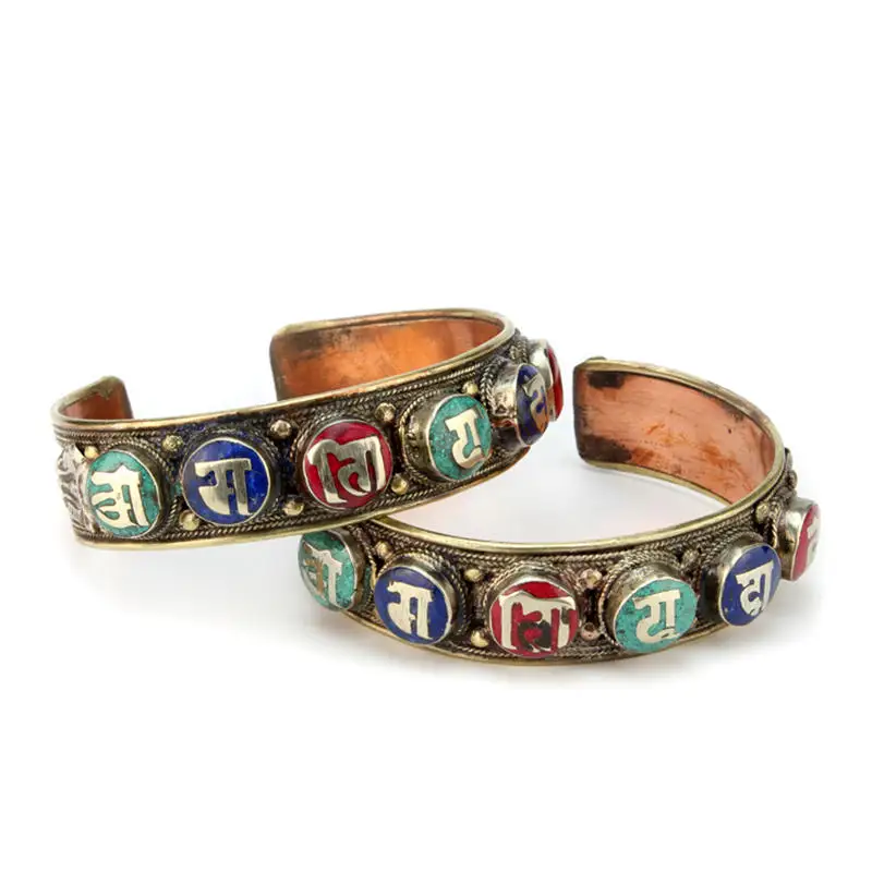 

BB-297 Tibetan Mantras Bangles OM MANI PAD ME HUM Rose Copper Inlaid Colorful Stone Open Cuff