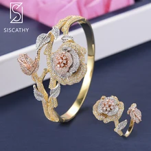 SISCATHY 2PCS Fashion Flower Bangle Adjustable Ring Three Tones Cubic Zirconia Inlaid Bridal Wedding Bracelet Ring Jewelry Sets SISCATHY 2PCS Fashion Flower Bangle Adjustable Ring Three Tones Cubic Zirconia Inlaid Bridal Wedding Bracelet Ring Jewelry Sets