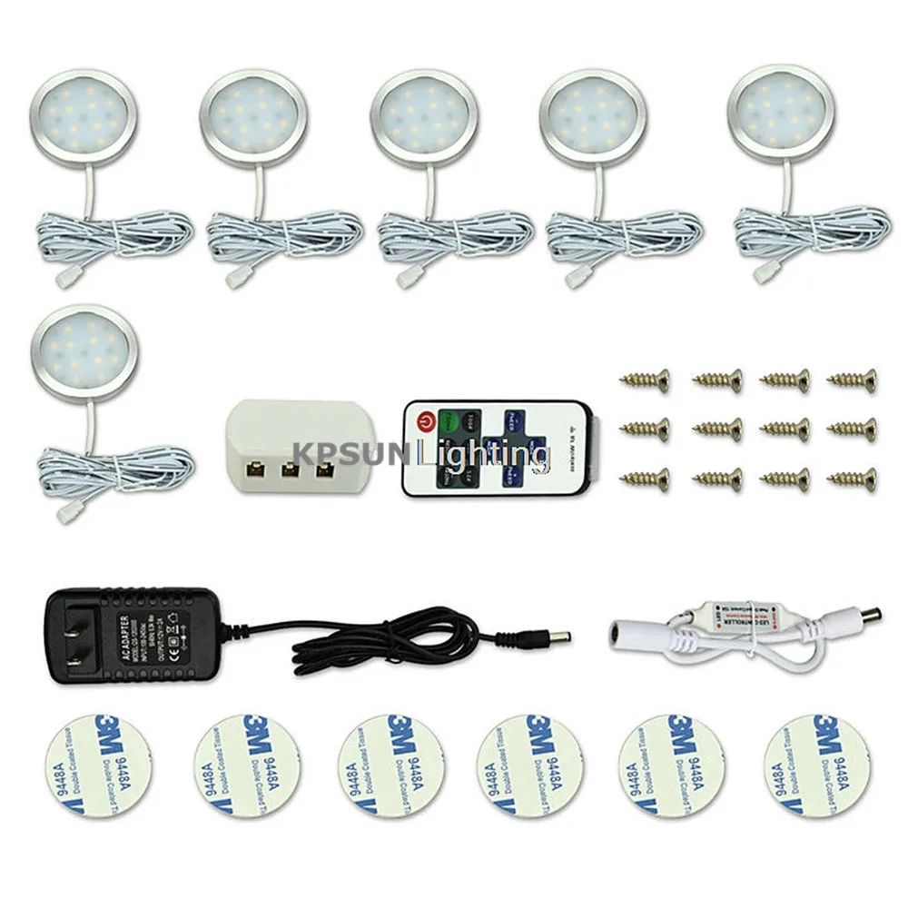Подсветка, софиты для шкафа Светодиодные шайбы DC12V затемнения Кухня освещения с Беспроводной пульт дистанционного управления лампы шкафа лампы для витрины 4/6/8 шт