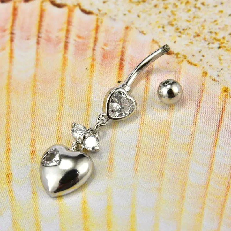 Hot Statement Hollow Double Heart Gold Surgical Steel Piercing Body Jewelry Sexy Crystal Zircon Pendant Belly Button Rings