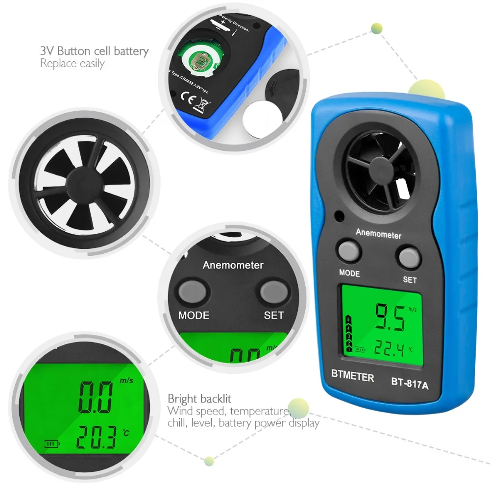 

BTMETER BT-817A Wind Speed Meter,Handheld Anemometer Digital Gauge Thermometer,Air Velocity&Temperature Measurement for HVAC