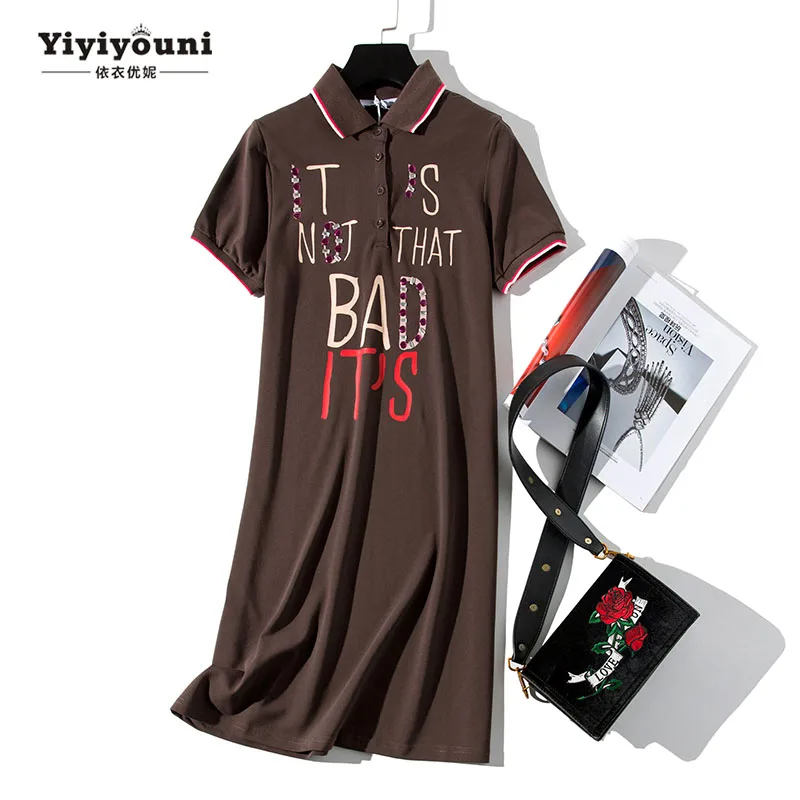 Midi Pirnt Rhinestone T Shirt Dress Women Polo Collar Summer Sundress Navy Coffee Casual Knee Length Loose Dresses Plus Size