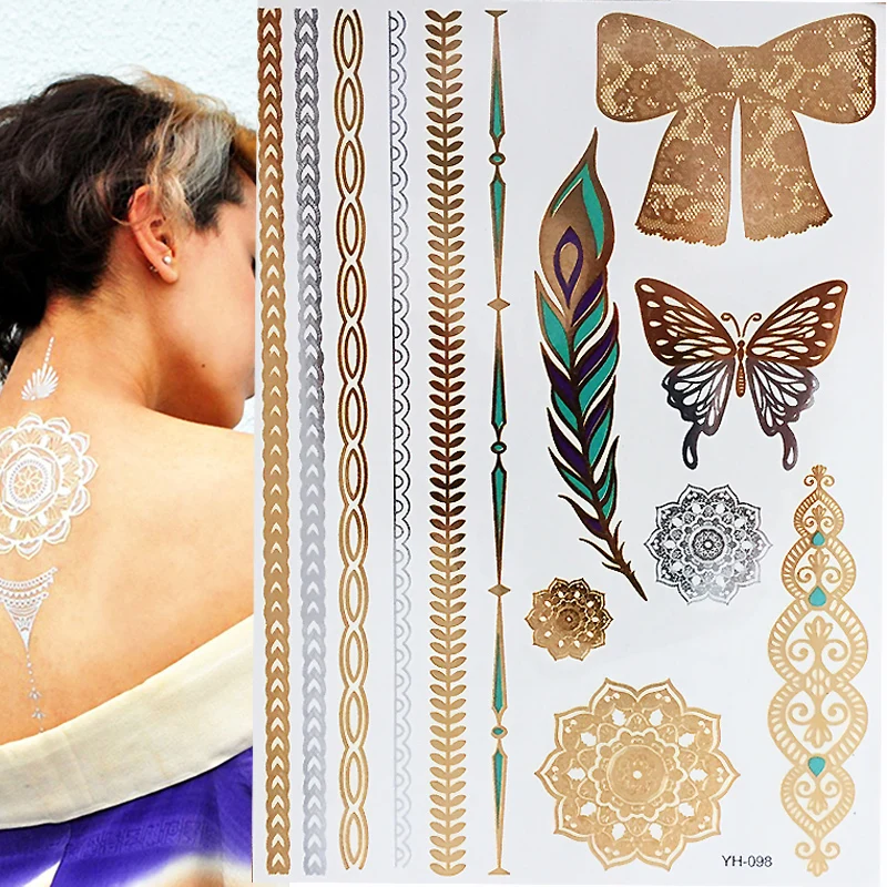 

Flash Boho Metallic Gold Flash Colorful Waterproof Temporary Tattoo Silver Butterfly Feather Henna For body Art